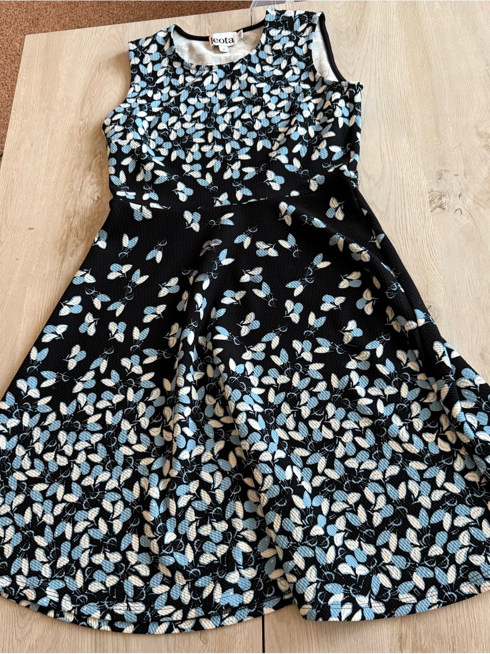 Ecru Label Black Midi Dress with Blue and White Leaf Print